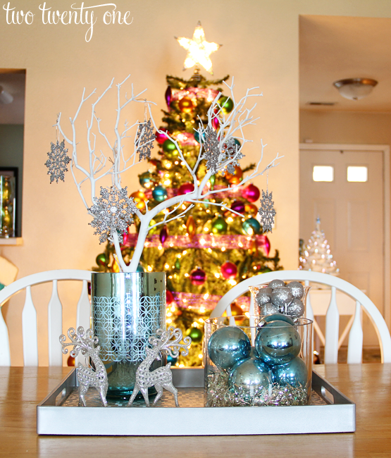 silver and blue centerpiece