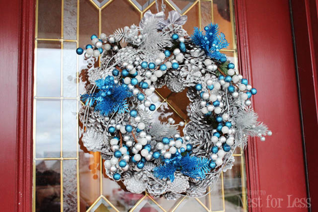 silver and blue pinecone wreath by How to Nest for Less