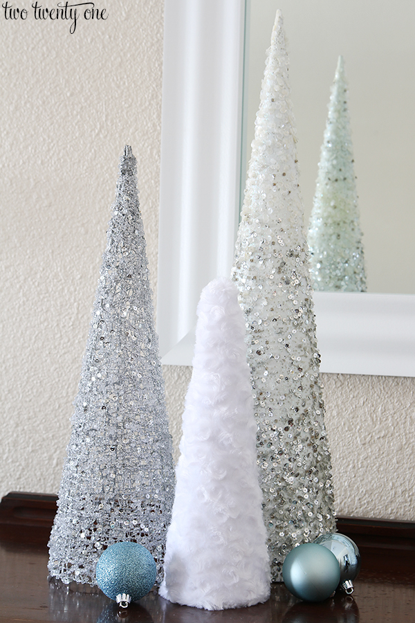 My ornament tree. Foam cone from Hobby Lobby. Ornaments from