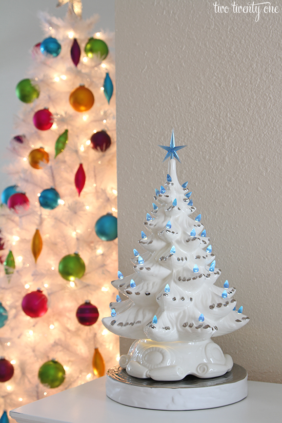 vintage white christmas tree with blue lights