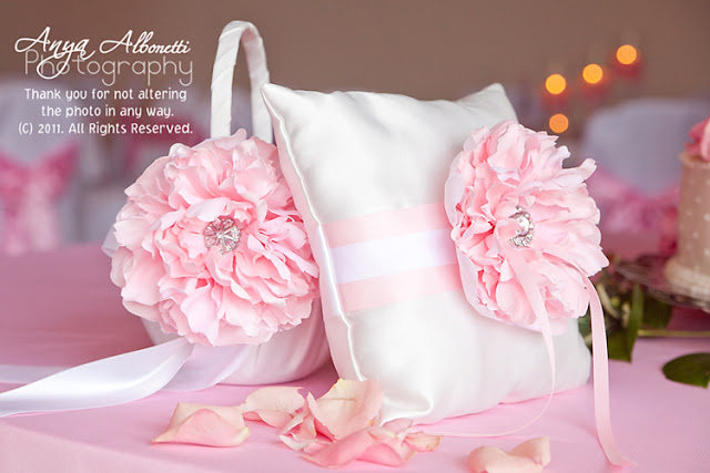 Pink peony flower girl basket and ring bearer pillow