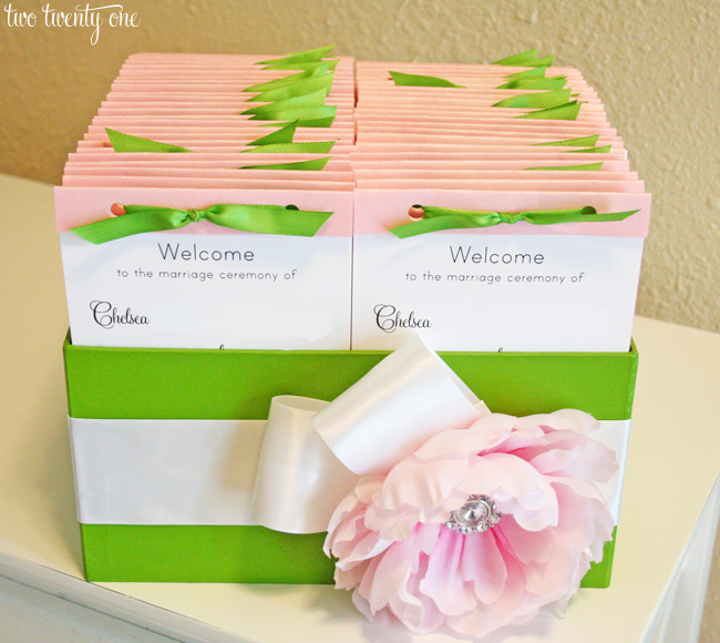 pink and green wedding programs and box 1