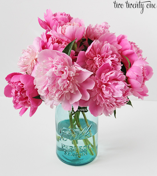 peonies in blue mason jar