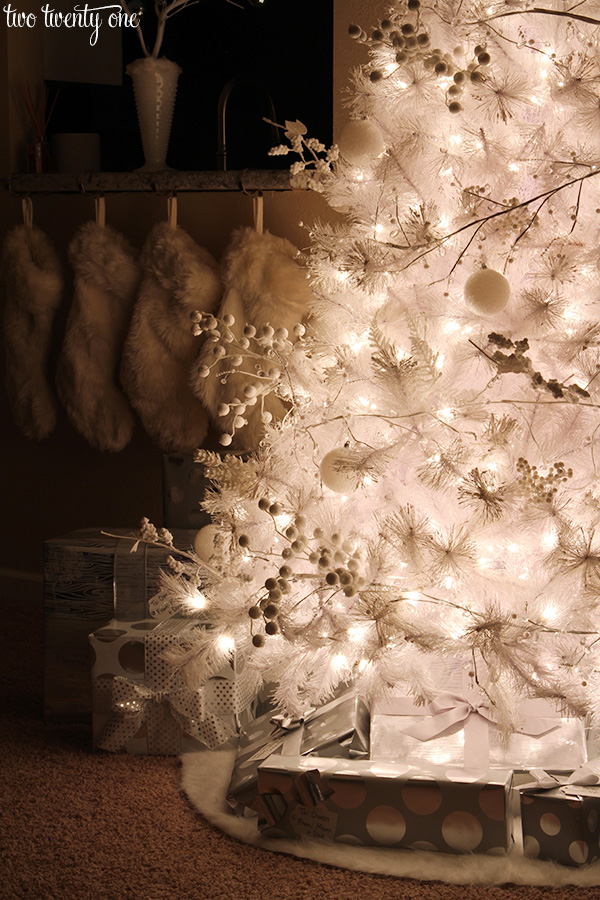 White Christmas tree with white and silver decorations