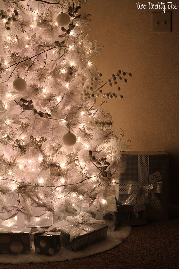 White Christmas tree with white and silver decorations