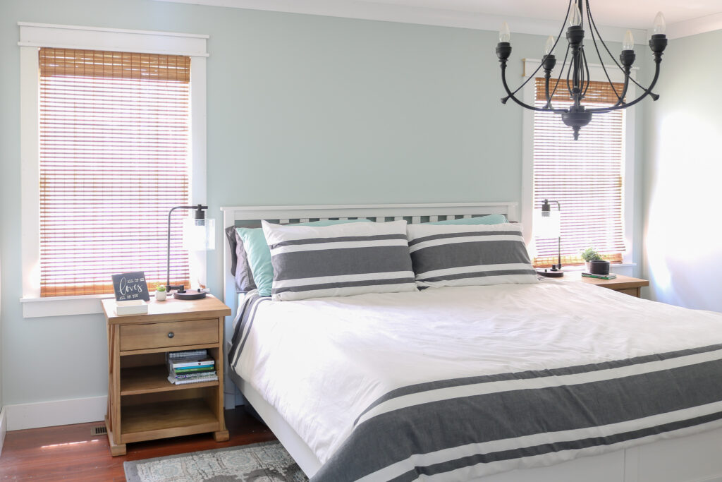 coastal bedroom with Sherwin Williams Sea Salt