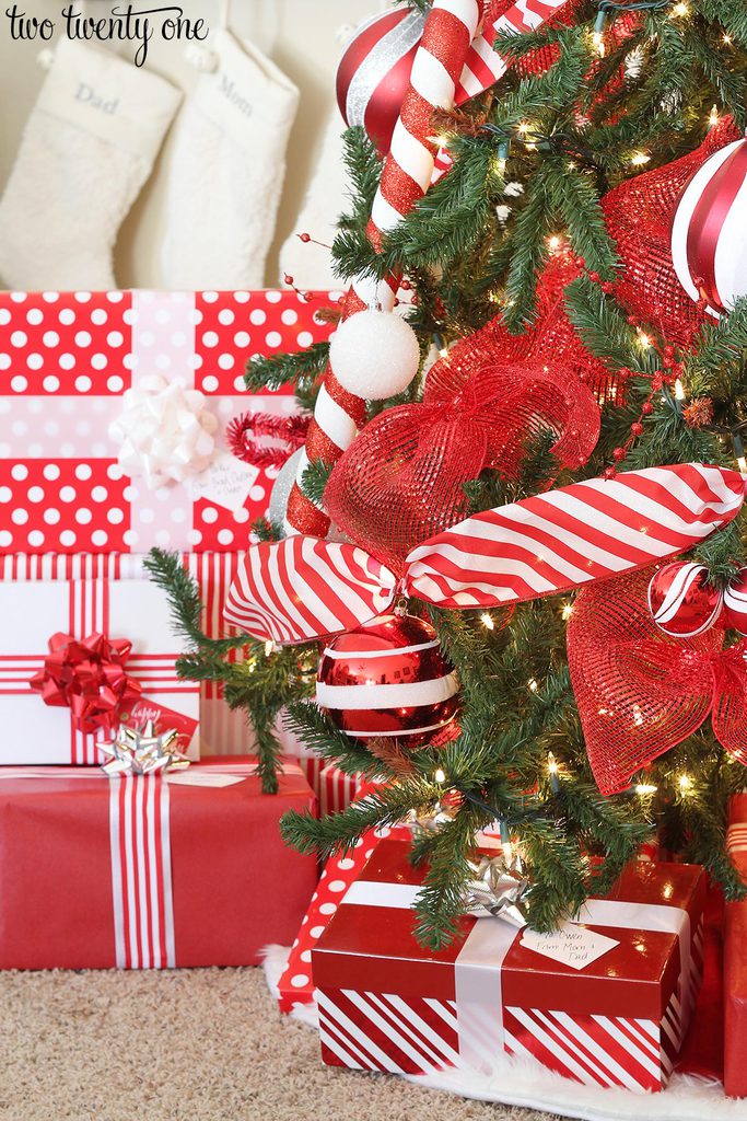 Large Candy Cane Stripe Red and White Christmas Tree Topper Bow 