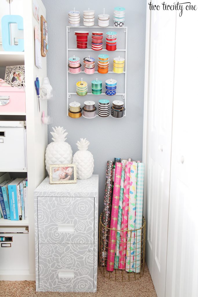 Home office / craft room update. How to store and neatly organize ribbon. Tip for storing gift wrap paper, and where to buy quality wrapping paper.