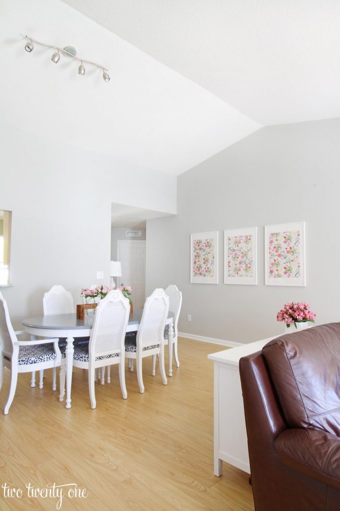 Sherwin Williams Repose Gray dining room. Six seat dining table. 