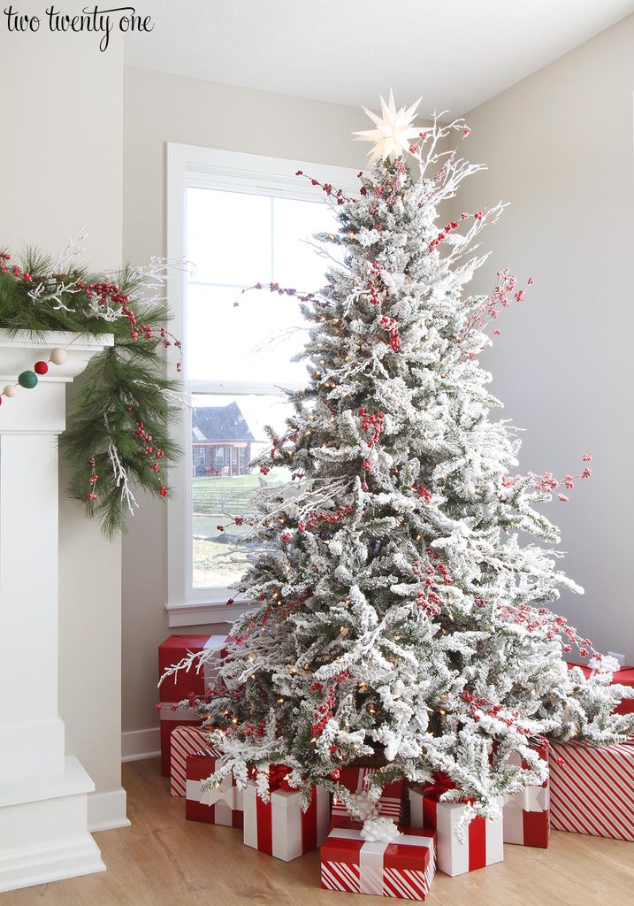 red and white flocked christmas tree