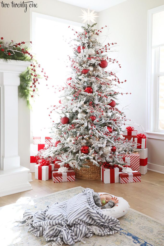 Red And White Flocked Christmas Tree