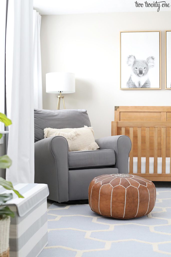 gray glider with brown leather ottoman