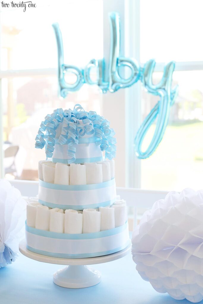 blue and white diaper cake