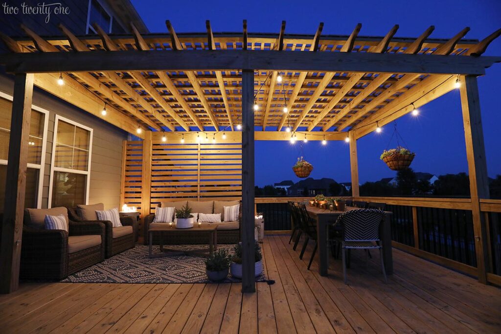 wood deck and pergola at night