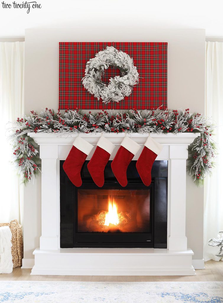 plaid christmas mantel