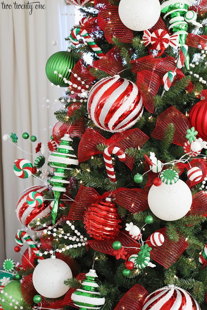 artificial Christmas tree with red, white and green ornaments