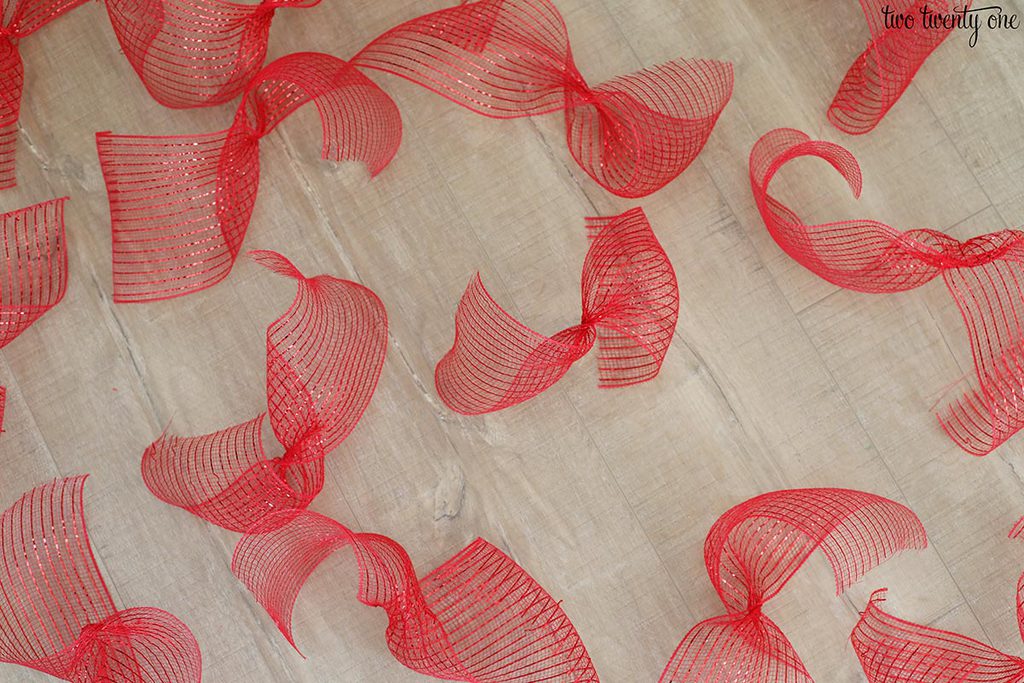 red mesh ribbon cut into strips