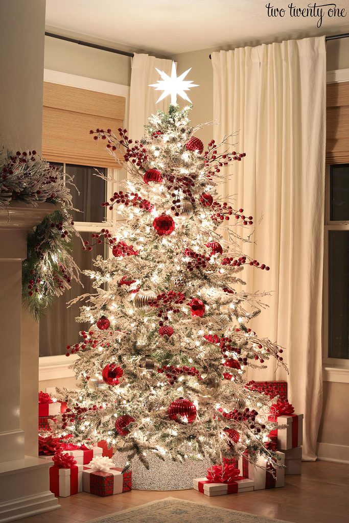 red and silver christmas tree at night