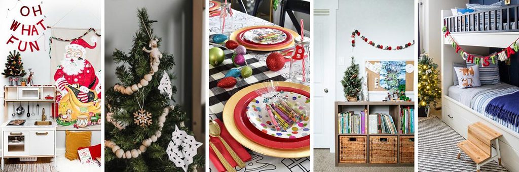 A collage of five images all showing various rooms with Christmas decor - a kids playset with Santa art, Christmas trees, kids table settings, bedroom, and more.