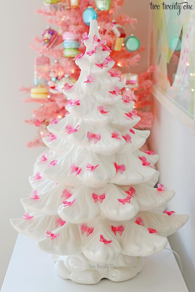 13 White and Pink Bow Light Ceramic Christmas Tree