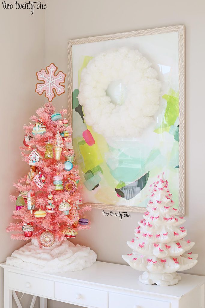 pink Christmas tree and white ceramic Christmas tree