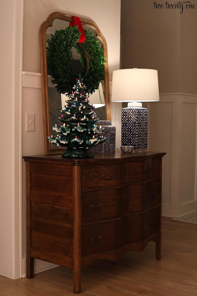 vintage dresser and ceramic christmas tree