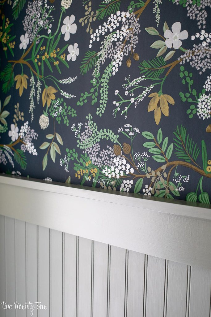 beadboard painted with Benjamin Moore Oil Cloth. Rifle Paper Co Juniper Forest wallpaper