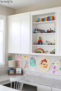 homework-zone Homework area with wall cabinets and a built-in desk area.