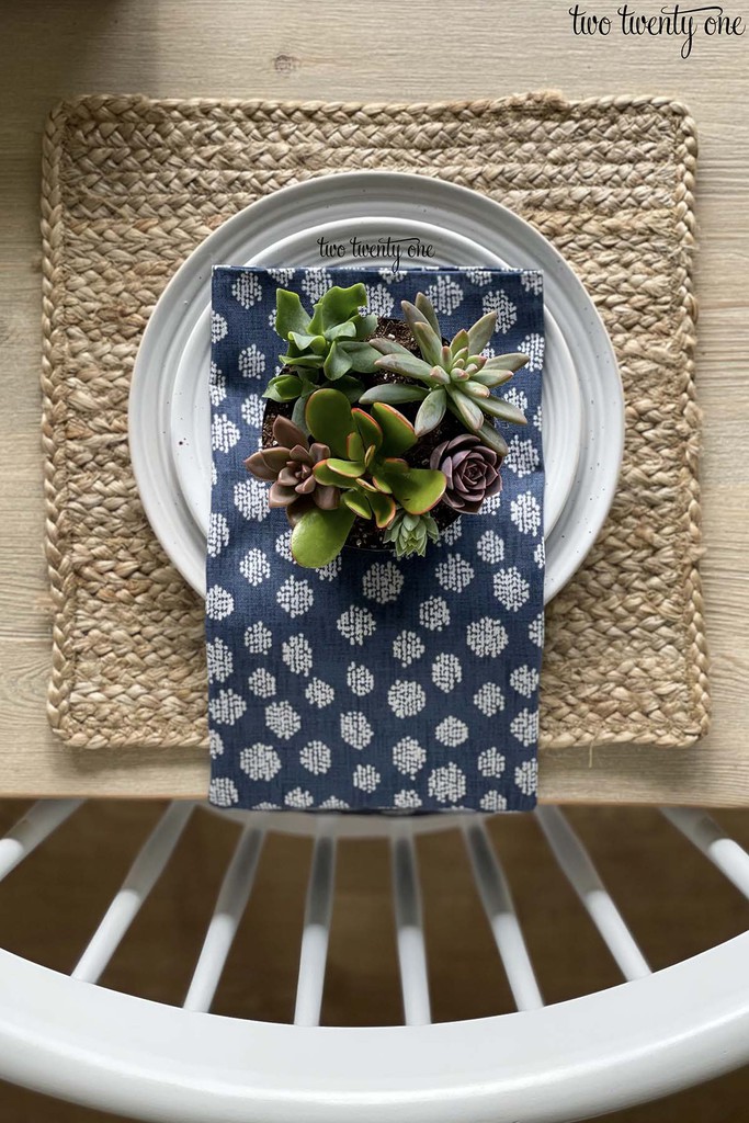 Place setting layered with dinner plate, salad plate, napkin, and succulent plater.