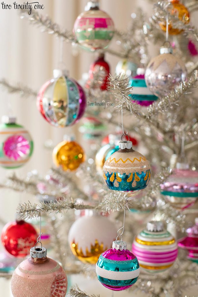 shiny brite ornaments on a silver tinsel christmas tree