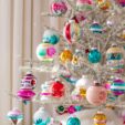 shiny brite ornaments on a silver tinsel christmas tree