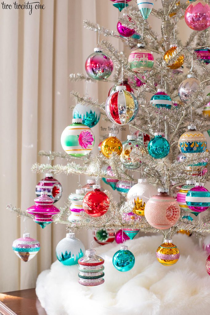 shiny brite ornaments on a silver tinsel christmas tree