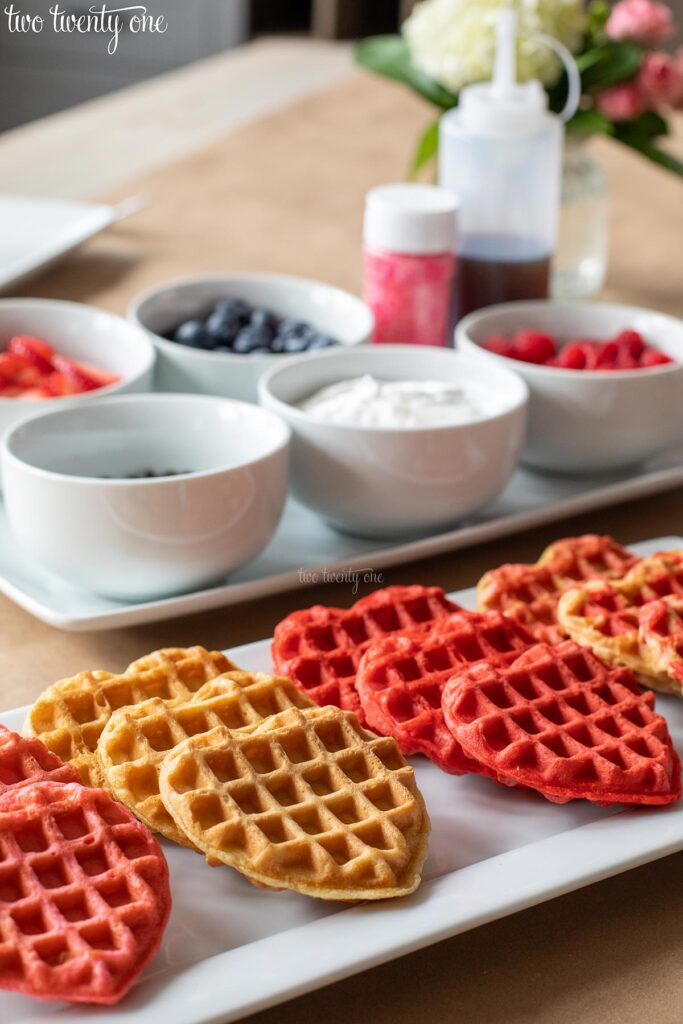 heart shaped waffles on a white platter