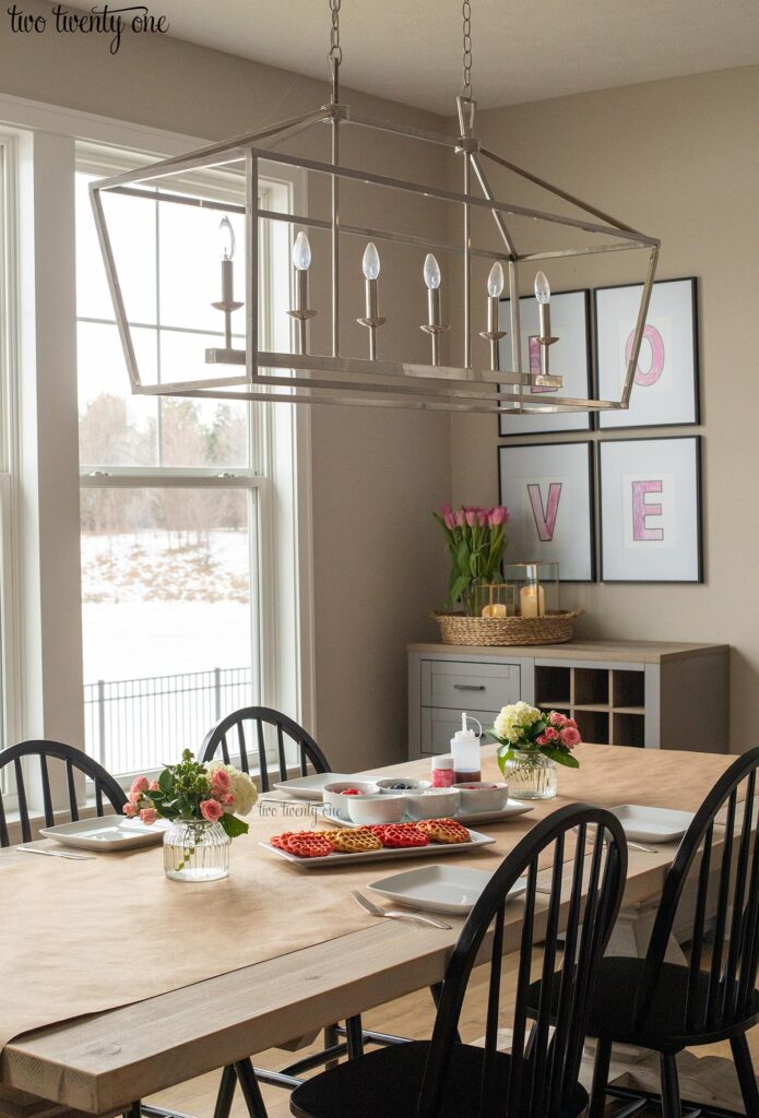 valentines day brunch with heart shaped waffles on the dining room table