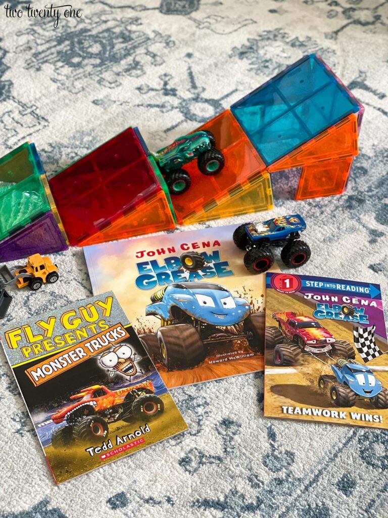 monster truck ramps built with magnatiles and monster truck books