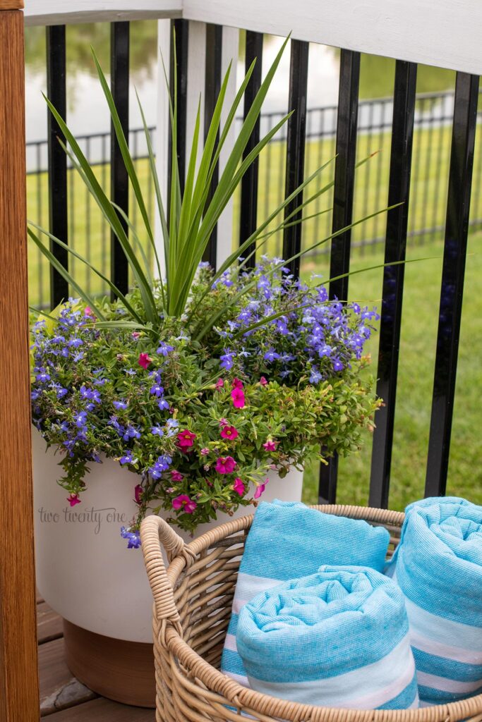 outdoor planter with purple and pink flowers
