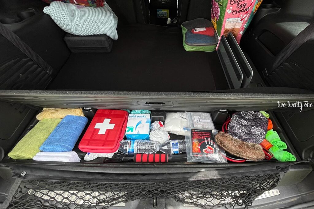 organized hidden trunk compartment with various items