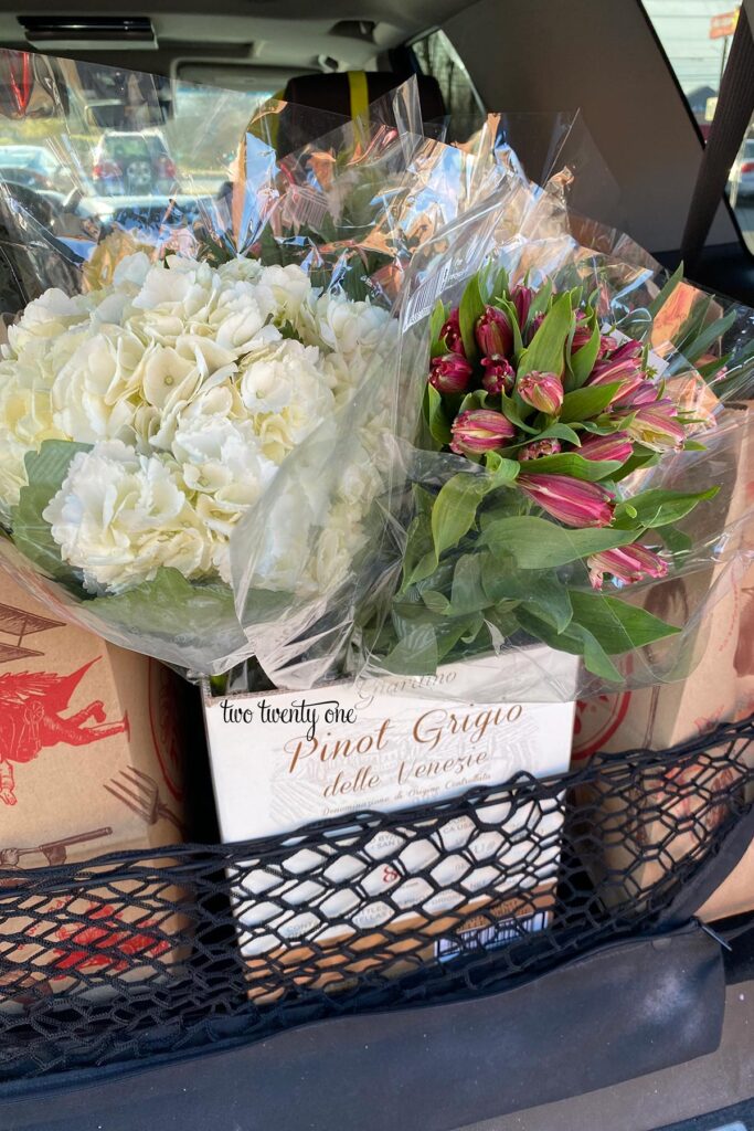 Trader Joe's wine box used to transport flowers