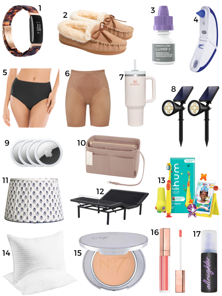 A collage of various items-- fitbit, slippers, lumify eye drops, ear dryer, soma vanishing edge underwear, stanley tumbler, landscape lights, ballard lamp shade, adjustable bed, hum by colgate child toothbrush, pillows, no 7 finishing powder, nars lip gloss, and all nighter makeup setting spray.
