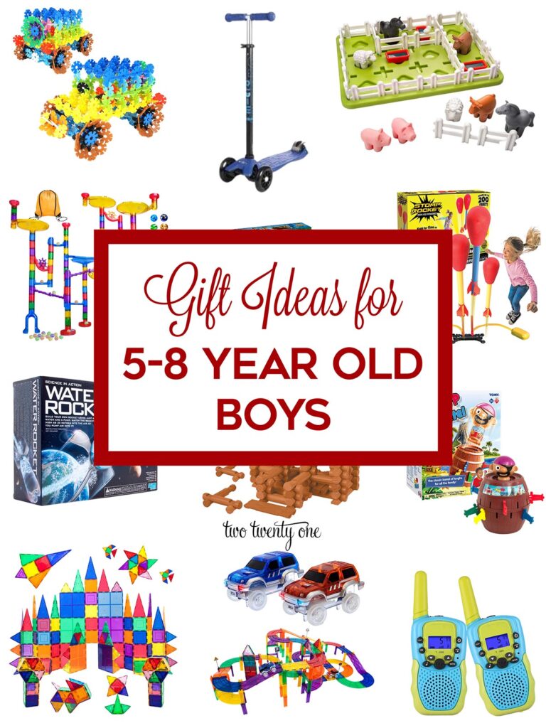 Graphic for Gift Ideas for 5-8 year old boys. Collage of different toys-- brain flakes, micro scooter, farm game, marble run, stomp rocket, water rocket, lincoln logs, pirate game, magnetic tiles, magnetic tile race track, and walkie talkies