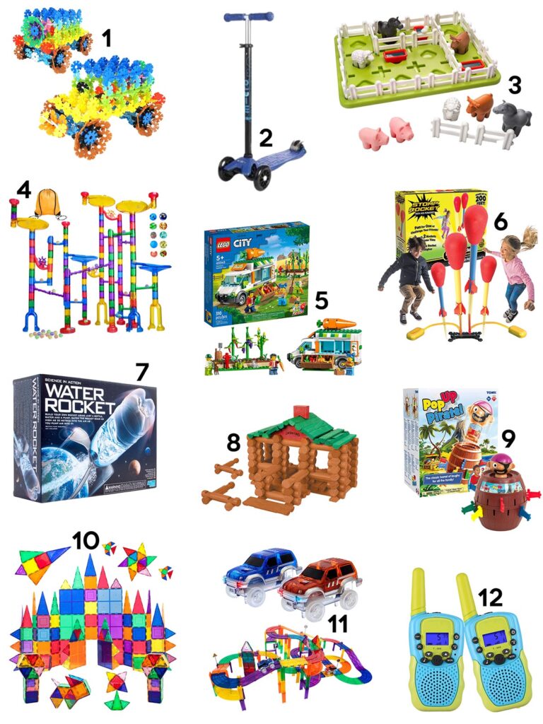 Collage of different toys-- brain flakes, micro scooter, farm game, marble run, lego set, stomp rocket, water rocket, lincoln logs, pirate game, magnetic tiles, magnetic tile race track, and walkie talkies