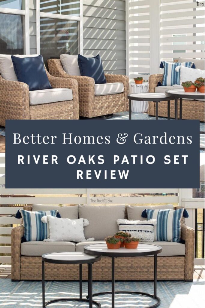 Better Homes & Gardens River Oaks Patio Set Review reads the text overlay. Behind the text are two photos of outdoor patio furniture.