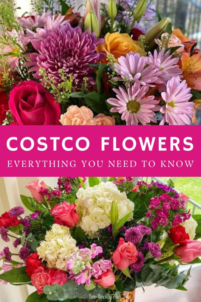 Two photos of flower in the background. The text overlay reads "Costco Flowers -- Everything You Need to Know".