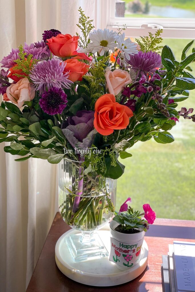 A bouquet of mixed flowers from Costco in a vase for Mother's Day