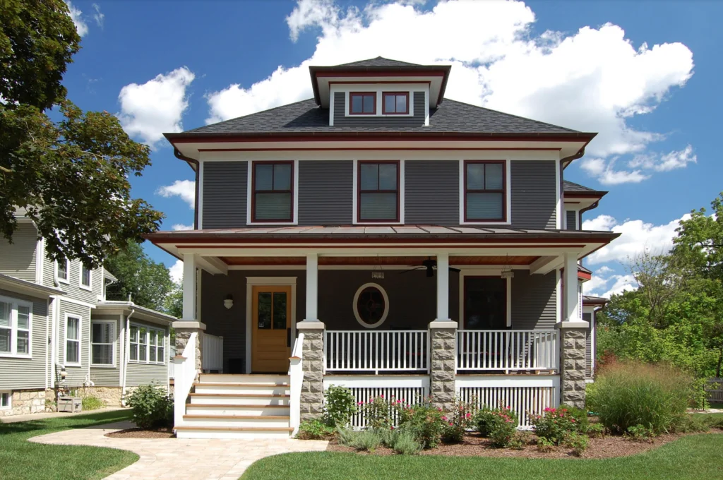 front porch with white vertical wood slat skirting