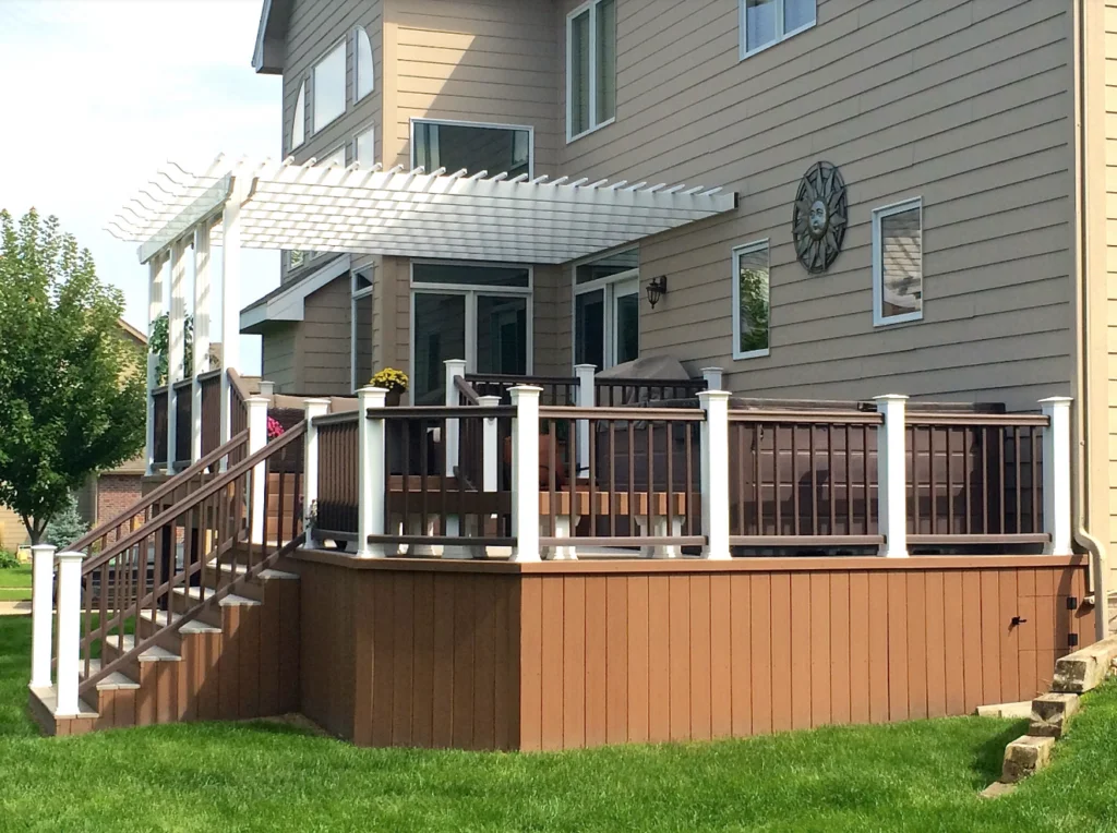 Deck with vertical wood slat skirting stained with wood stain