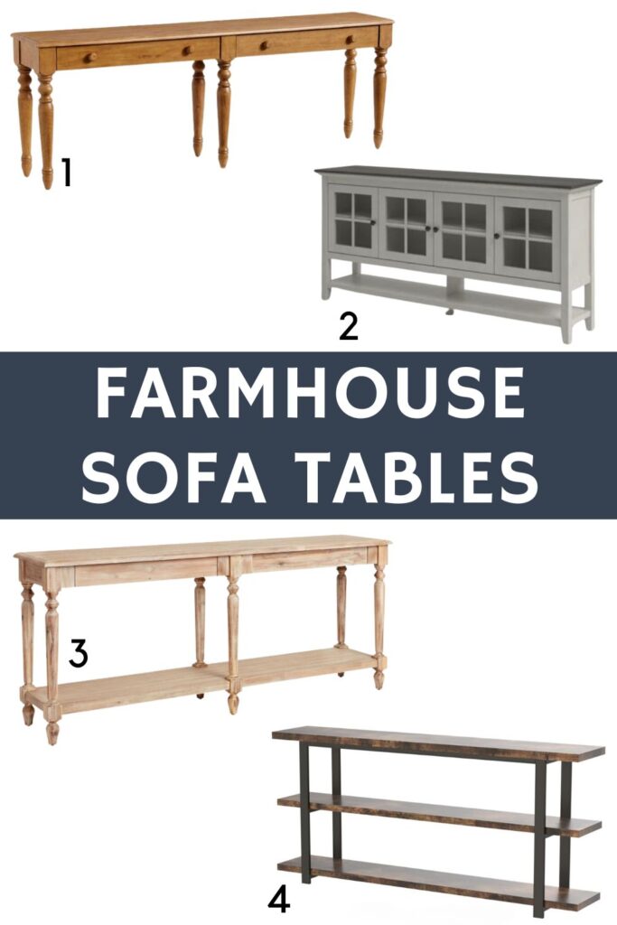 Four different, farmhouse sofa tables. Text overlay reads "Farmhouse Sofa Tables".