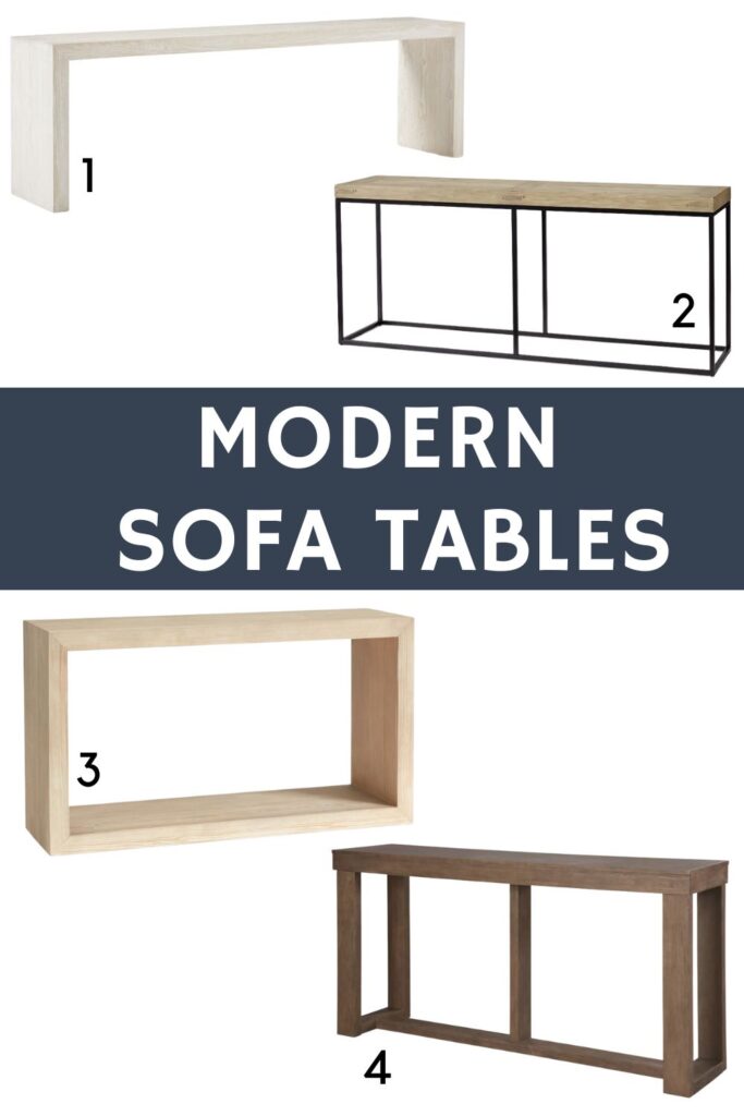 Four different, modern sofa tables. Text overlay reads "Modern Sofa Tables".