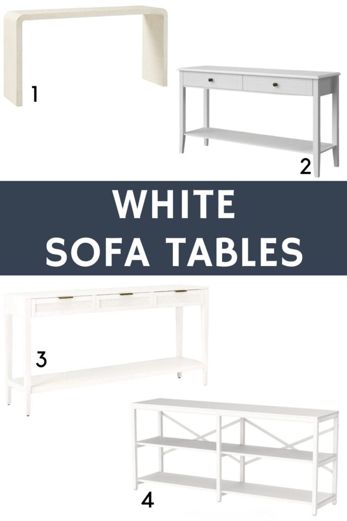 Four different, white behind couch tables. Text overlay reads "White Sofa Tables".