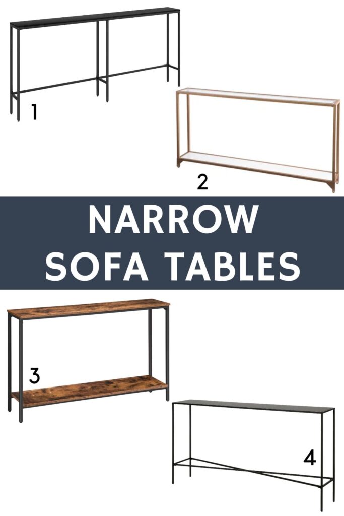 Four different, narrow behind couch tables. Text overlay reads "Narrow Sofa Tables".